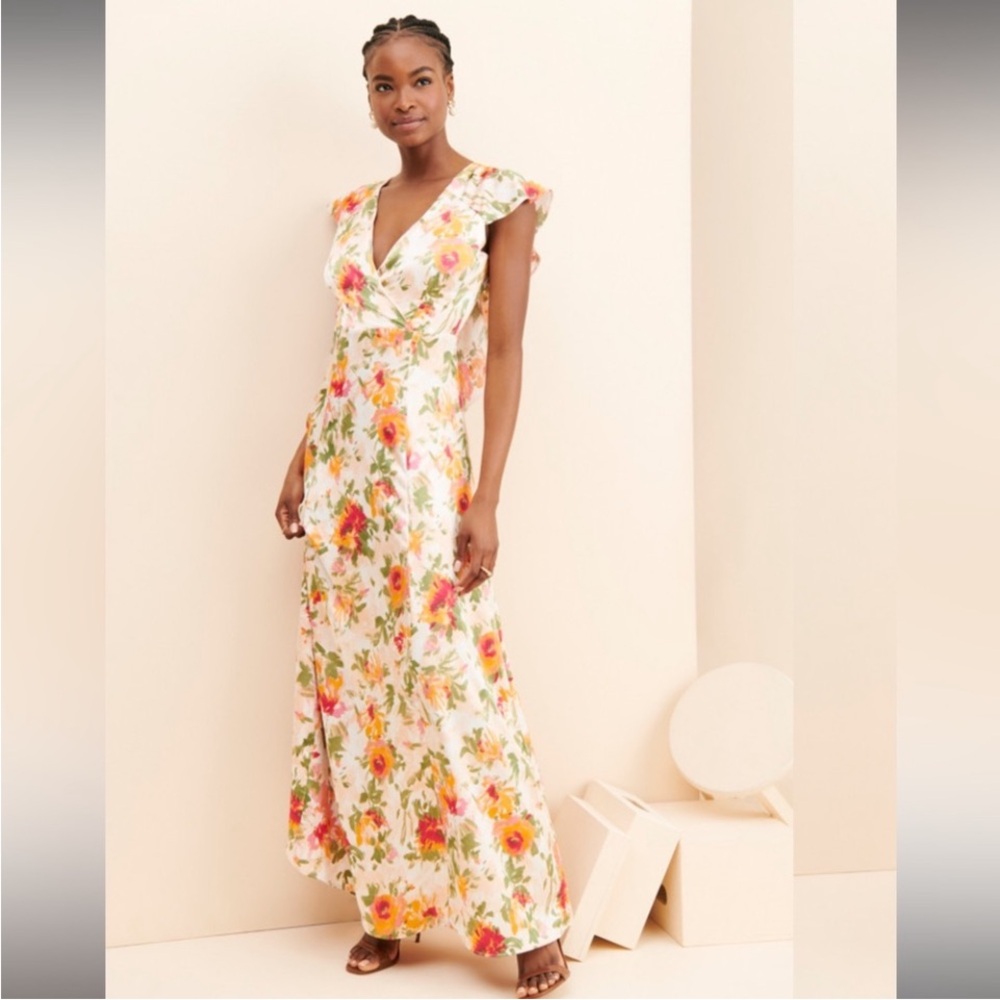 Anthropologie Hutch Ella Maxi Dress floral open back flowing ruffle size 10P